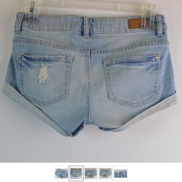 Folded Hem Ripped Distressed Jean Shorts Hotpants Women sz 00 Stretch Light Wash - Picture 1 of 4